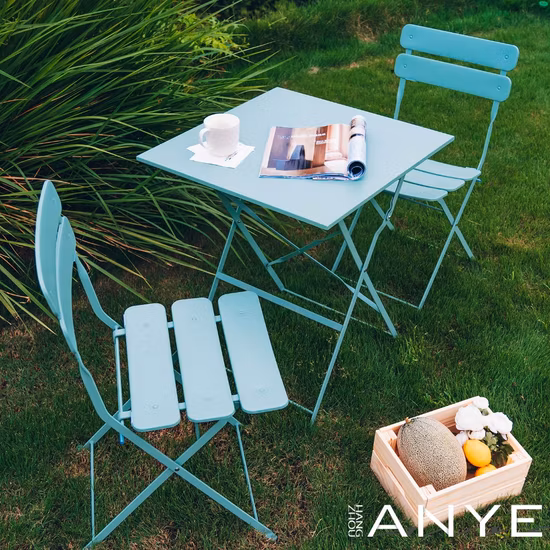 Modernes Outdoor-Freizeit-Gartentisch-Set aus Metall mit zusammenklappbarem Kaffeehausstuhl
